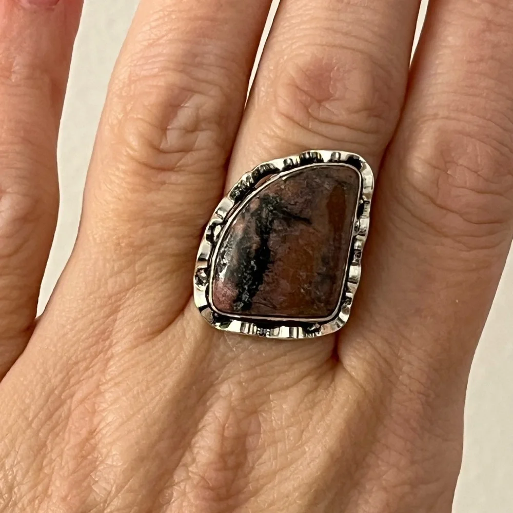 925 Sterling Silver Overlay Rhodonite Gemstone Ring Size 7.75-8